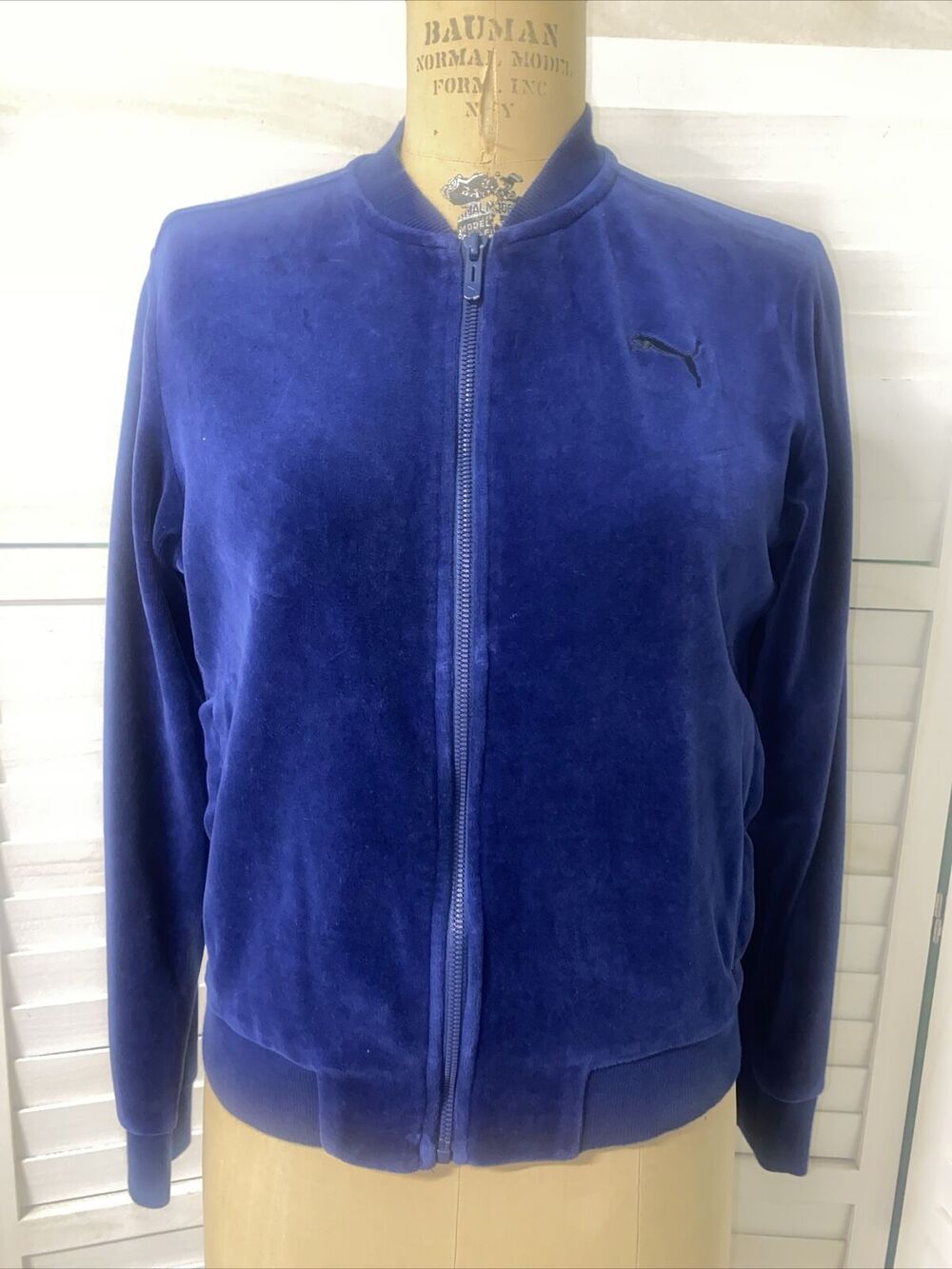 PUMA Women’s Velour Zip Up Track Top High Neck Blue Plush Tracksuit Jacket Med